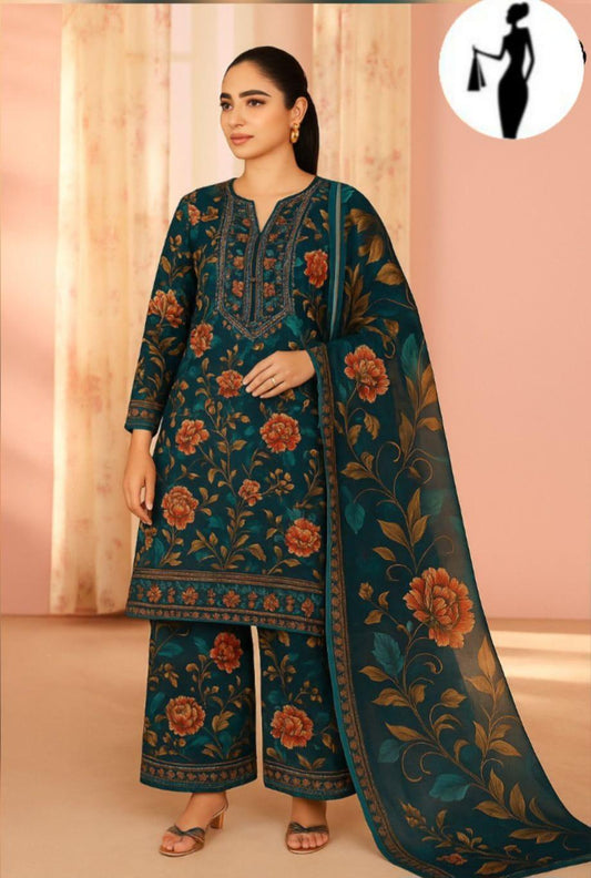 3pcs Women's Stitched Lawn Sequins Embroided Suit