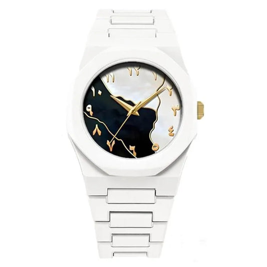 Men's Carbon Fiber White Marble Arabic Aura Watch With Free Box (Golden)