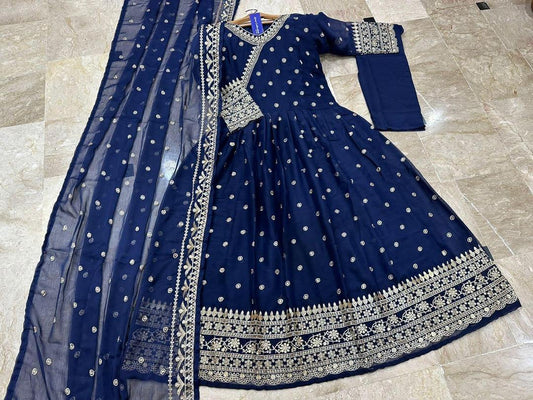 3pcs Chic Women's Stitched Chiffon Embroidered Maxi Suit Set