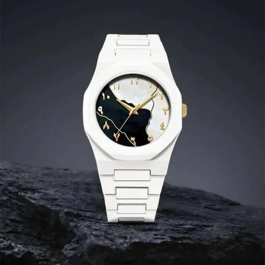 Men's Carbon Fiber White Marble Arabic Aura Watch With Free Box (Golden)