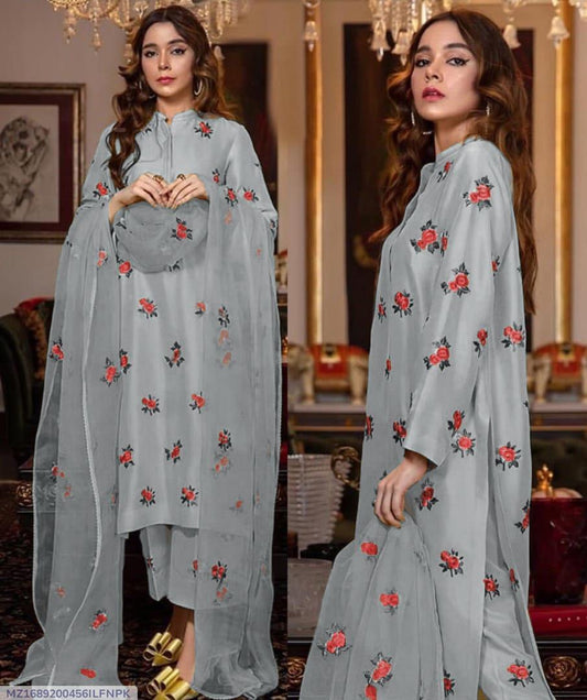 3pcs Women's Stitched Shamoz. Silk Embroidered Suit