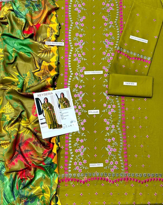 3 pcs Women's Unstitched Embroidered Suit