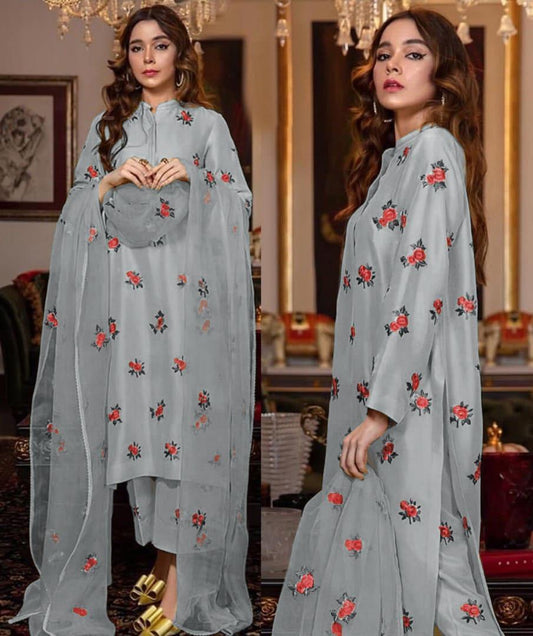 3pcs Women's Stitched Shamoz. Silk Embroidered Suit