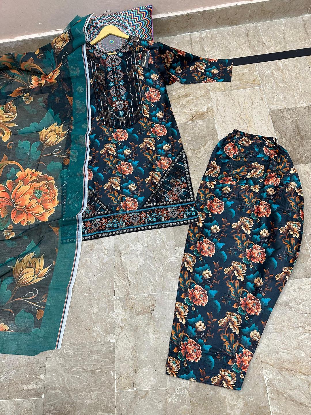 3pcs Women's Stitched Lawn Sequins Embroided Suit