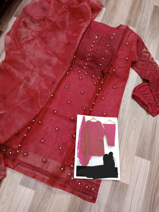 Stunning Women's Stitched Organza Embroidered Design 3pcs